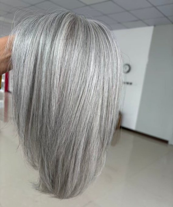 Natural grey human hair wigs Luxury lace top wigs